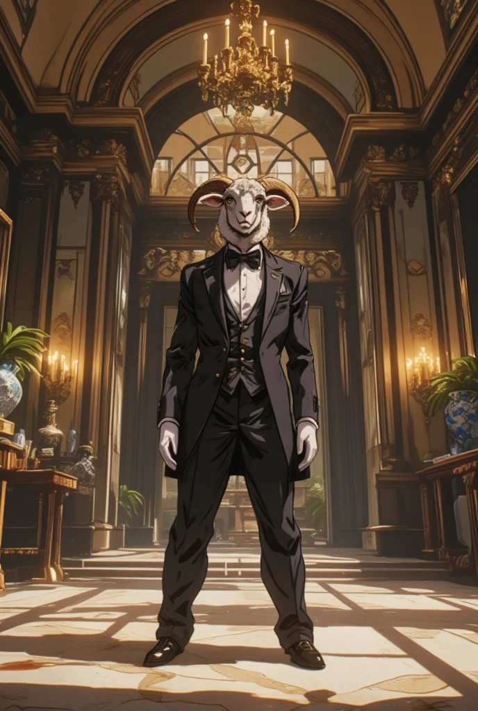 Japanese anime style, Jojo style, butler sheep, waiting for the master to return in the hall of the mansion, black tuxedo, white gloves, bow tie,