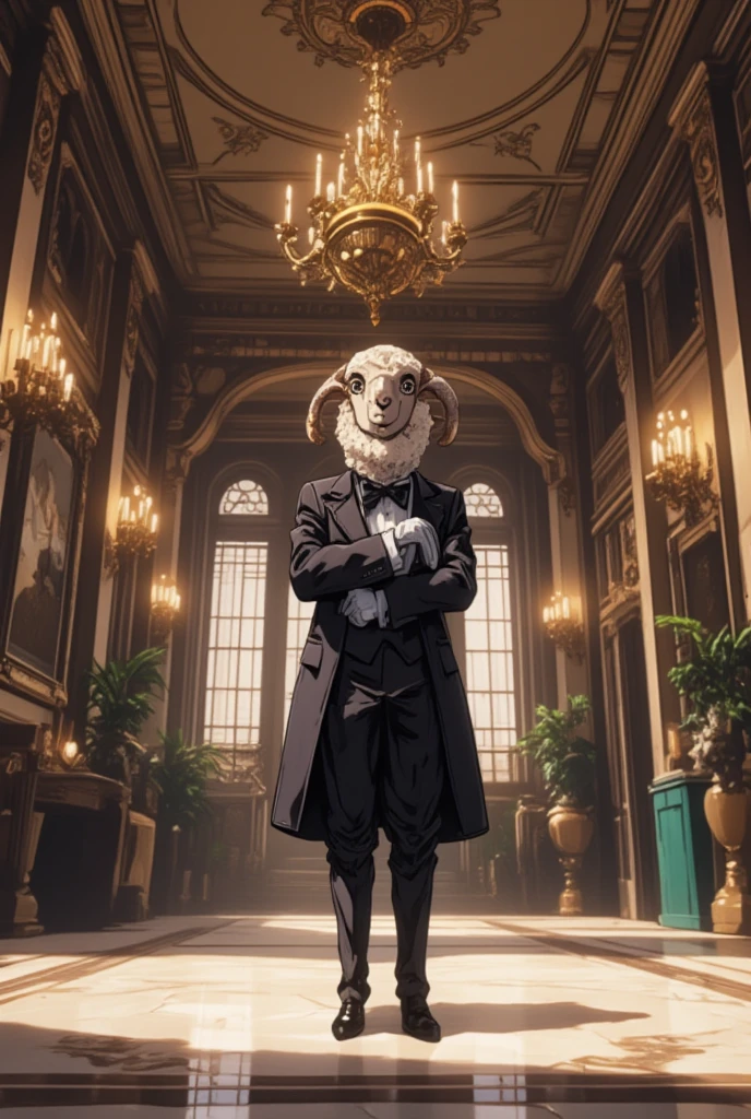 Japanese anime style, Jojo style, butler sheep, waiting for the master to return in the hall of the mansion, black tuxedo, white gloves, bow tie,