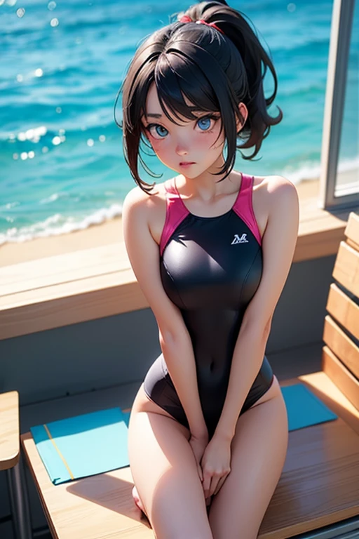 very cute and beautiful girl,(highly detailed beautiful face),blue school swimsuit, sitting,spread legs,looking at viewer,pool side,flowers in planters,smile,black hair,pixie cut,dynamic angle, (best quality,masterpiece:1.2),absurdres,highres,ultra-detailed,extremely detailed,32k, cinematic scene,detailed background,solo,dynamic angle, hair fluttering in the wind,beautiful detailed sky,perfect hands,
