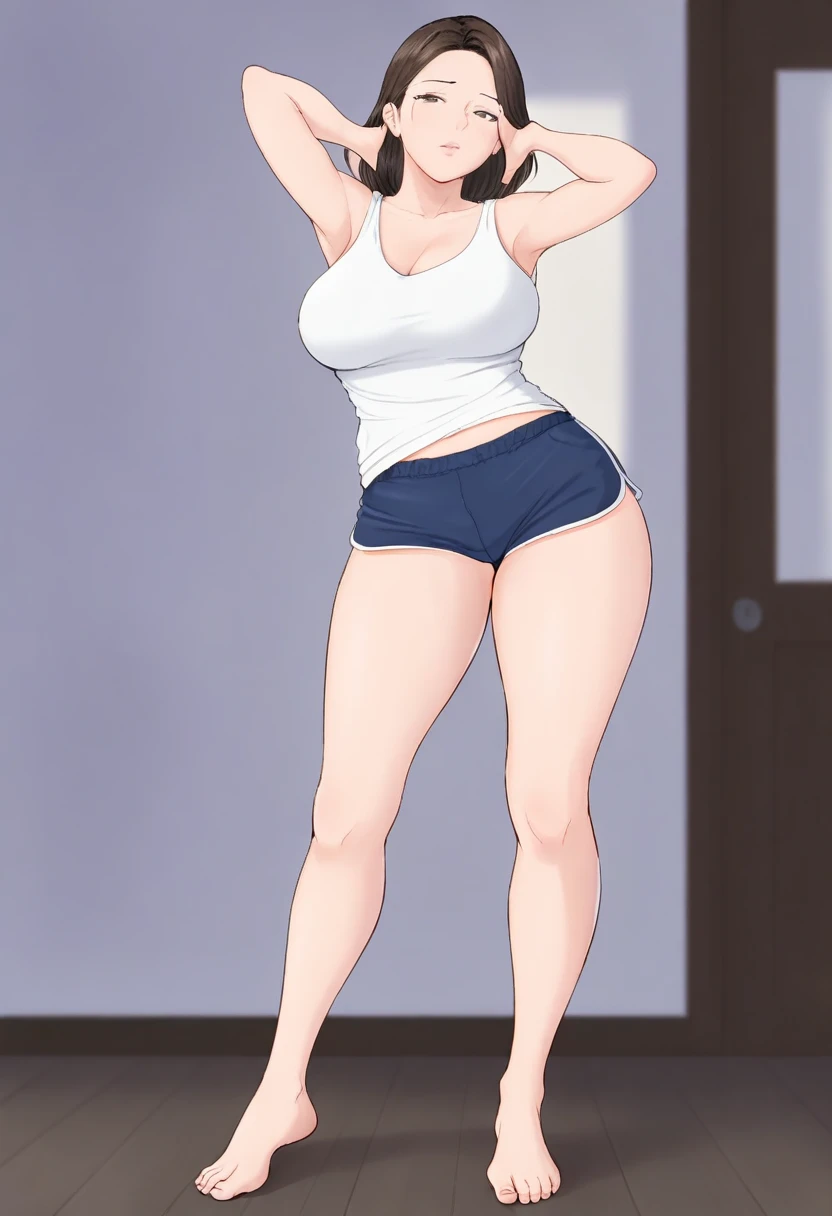 ((Best quality)), ((masterpiece)), (detailed), adult woman, Dress, costs, Good shapes, wide hips, dark hair, Hair shine, confident facial expression , House, long legs, high, confident smile, European, the whole body is visible, life ball, Beautiful face, long hair, gorgeous eyes, big belly, smooth belly, swollen belly