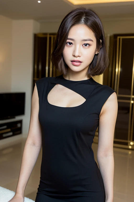 Yui, photo of female, age 15 year, black shoulder length hair with brown highlights; (dslr, ultra quality, film grain, Fujifilm XT3, crystal clear, 8K UHD, highly detailed glossy eyes, high detailed skin, skin pores); big breast, black tight polain cotton dress, back waist