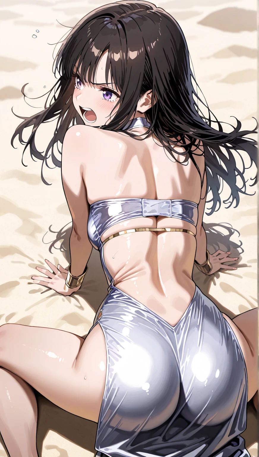 (masterpiece),(best quality),(ultra-detailed),(best illustration),(best shadow),(absurdres),(detailed hotelroom background),(very aesthetic),hiori kazano, ponytail, black hair, black eyes,,metallic verymicrobikini,covered nipple,cum,cumshot,sitting,spread legs