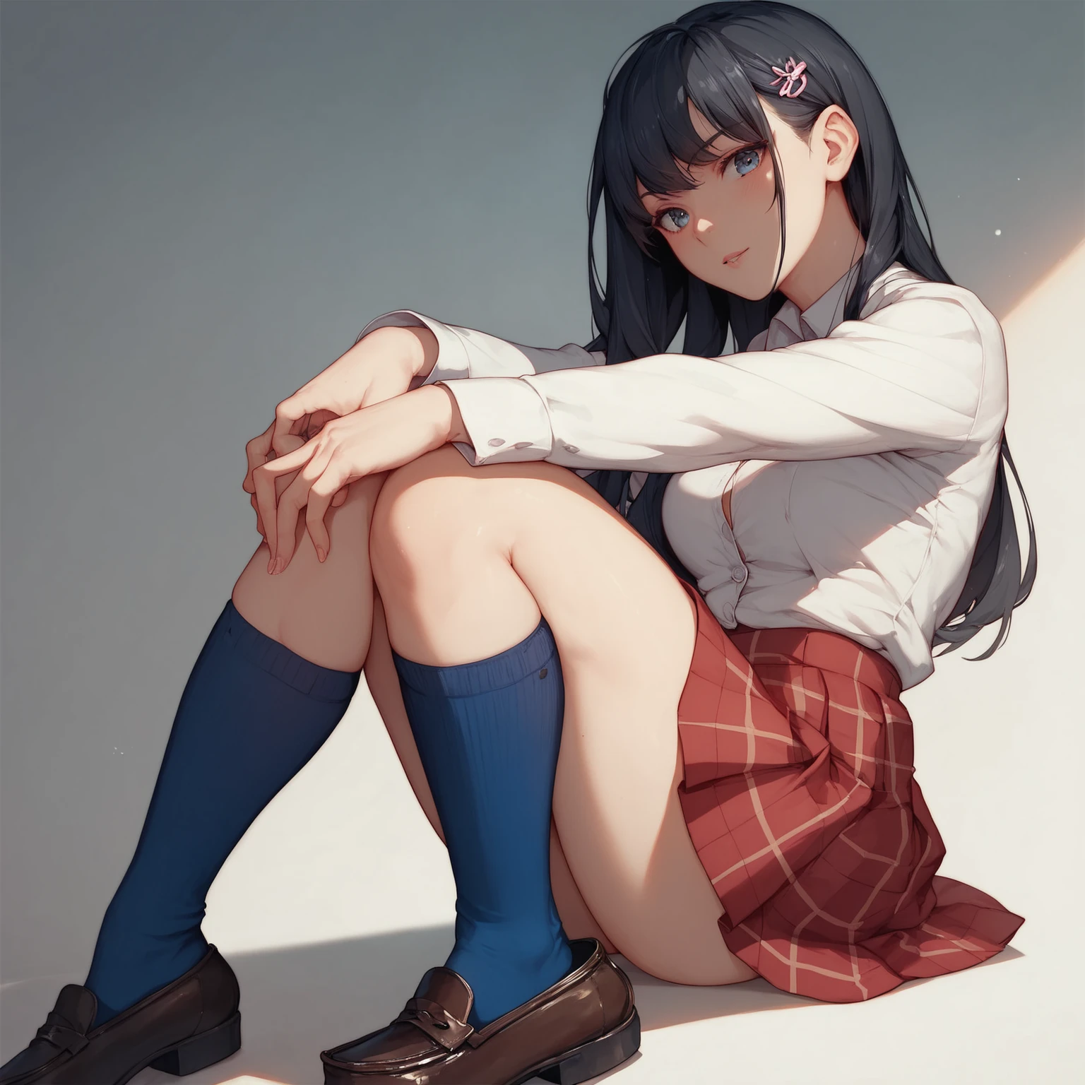 
clear skin,white_background,simple background,ultra detailed eyes,
takarada rikka,1girl,black hair,skirt,solo,cosplay,long hair,school uniform,cardigan,wrist scrunchie,black skirt,white cardigan,pleated skirt,blue eyes,scrunchie,socks,red socks,bangs,shoes,long sleeves,
sitting,barefoot,medium breasts,closed mouth,head tilt,yokozuwari,blurry,