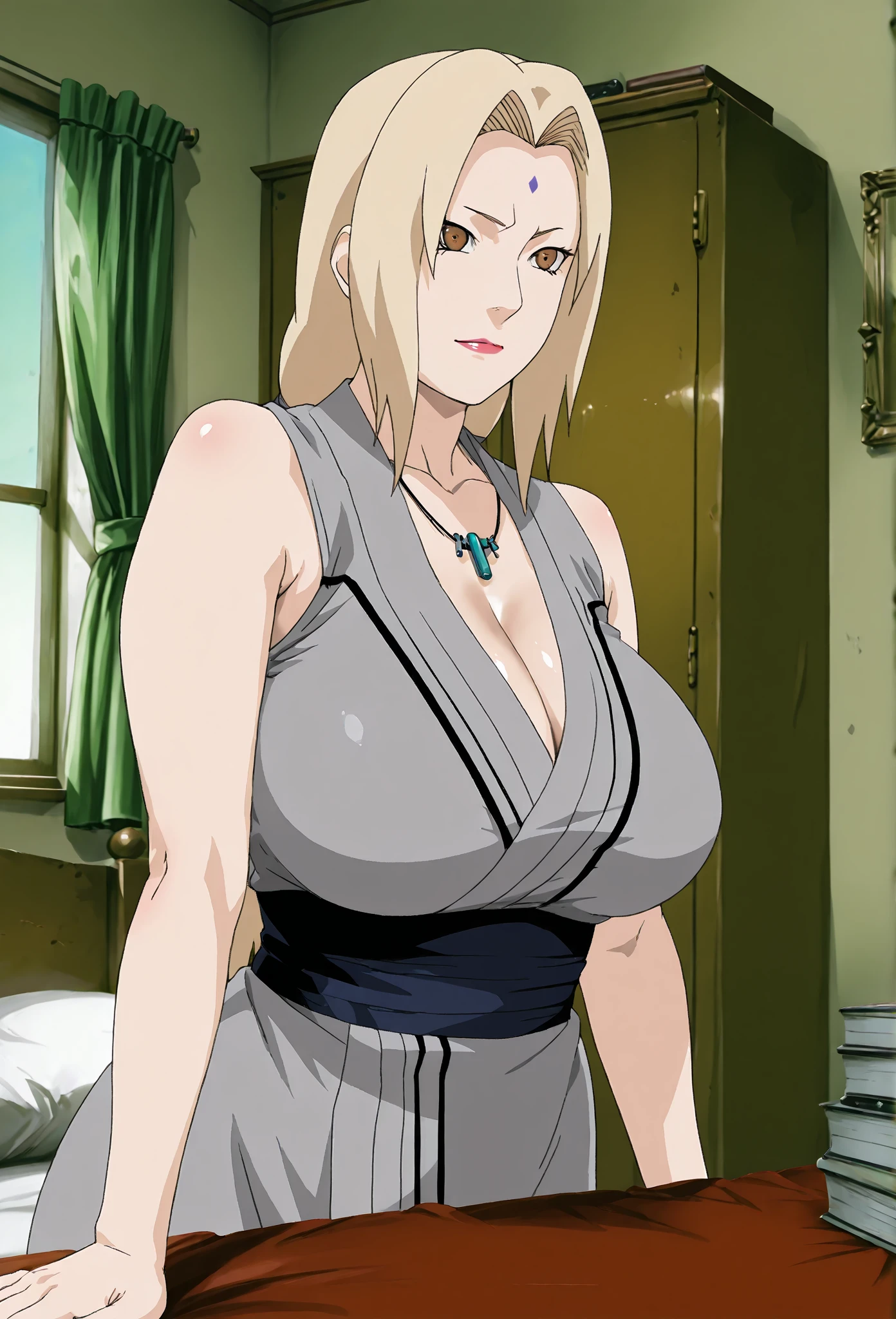 TSUNADE BLONDE HAIR HUGE BREASTS MASSIVE INTENSE CLEAVAGE MATURE FEMALE LIGHT BROWN EYES THICK , masterpiece, best quality, 4k, 8k, professional photography, soft light, sharp focus, , ,add_detail:1, add_detail:0, add_detail:0.5,Oiled_skin / Glistening_skin / High_contrast / Perfect_lighting / etc., sweating, black bra, black underpants, stocking, full body