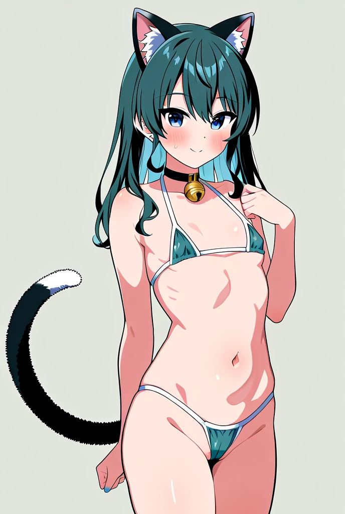 core_9, score_8_up, score_7_up, score_6_up, score_5_up, score_4_up, BREAK, source_anime, solo, 1girl, Fuwa Kokone, blue hair, medium hair, green eyes, smile, open mouth, blue cat lingerie, (cocksock), cat tail, cat ear hair band, collar, bell, paw gloves, zettai ryouiki thighhighs, looking at viewer, (sagging huge_breast:1.3), erect nipples, dirty dark large areola, (skinny, slim legs, small hip, narrow waist), milf, (futa, erect dirty penis , cum burst), natural (black:1.2) armpit hair, Unshaven black Pubic Hair, nsfw, gravure pose, jumping, full body, beach