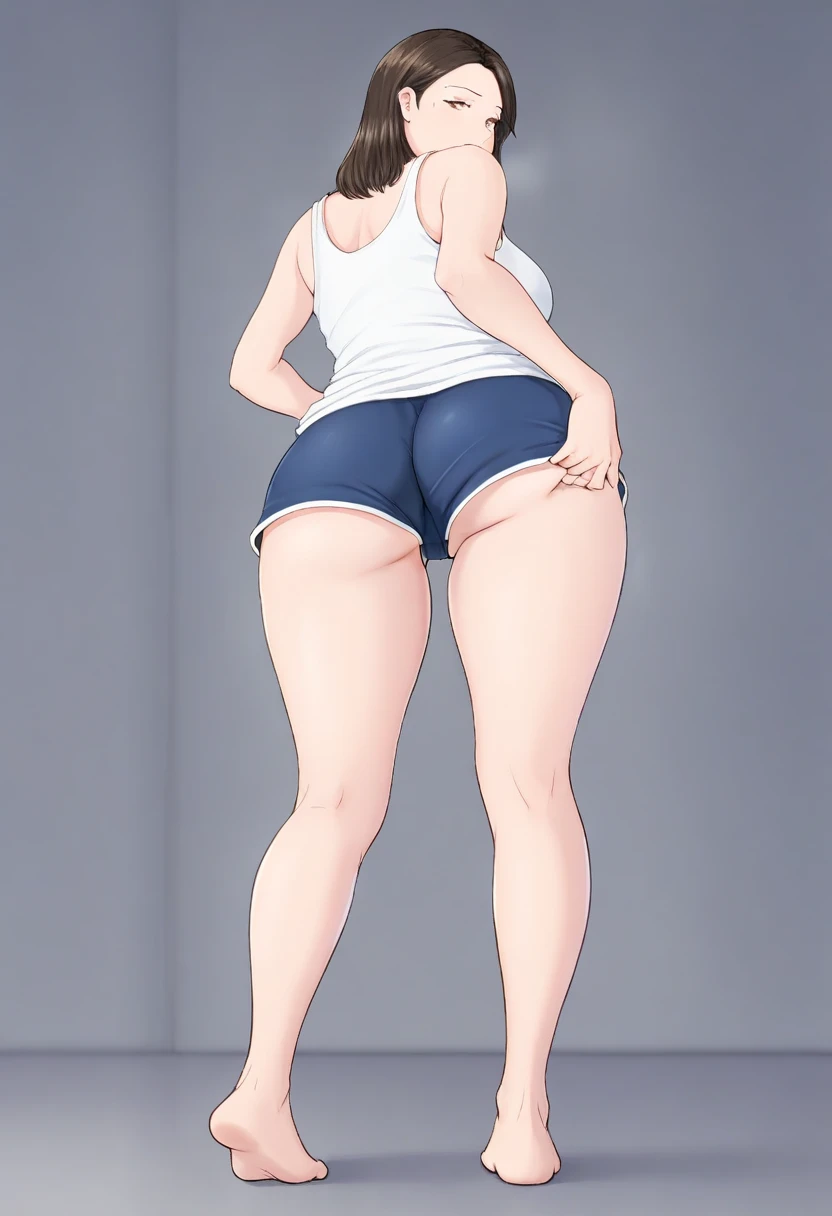 ((best quality)), ((masterpiece)), (detailed), Undertale Frisk, brown hair, (brown shorts:1.3), bob cut, short hair, black pantyhose, (blue shirt:1.3), yellow eyes, (1girl:1.3), (solo:1.3), striped, striped shirt, smiling, (sun flower), (hyper bottom heavy:1.4), (long legs:1.4), (short torso:1.5), in bedroom, mini giantess, head touching ceiling, squat down