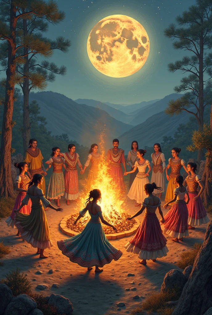 Gypsies dancing happily around the bonfire 