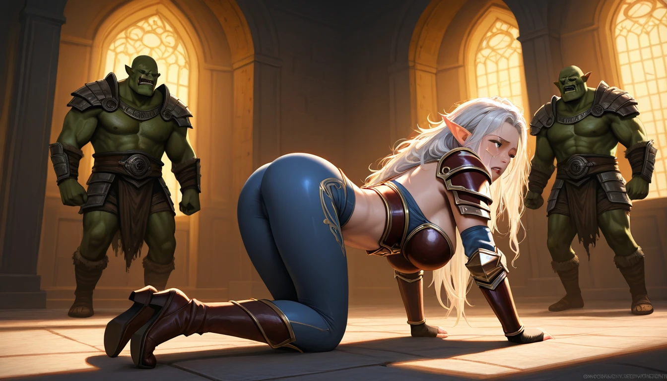 Young elf girl Emilia gives orc in the office, having sex with an orc. An orc from behind squeezes the elf's ass and inserts penetration, side view