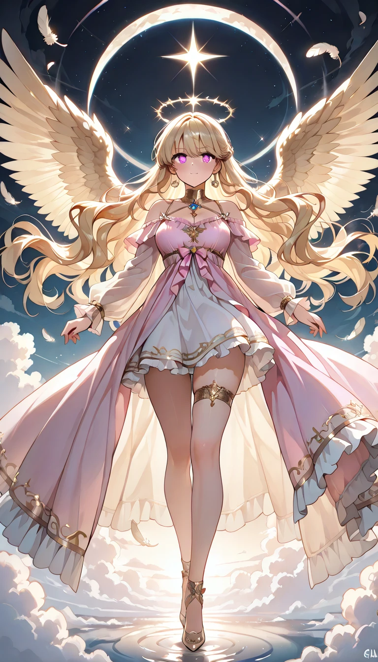 ((Highest quality)),(Ultra-high resolution),(Very detailed),(Detailed Description),((The best CG)),(A masterpiece),Ultra-detailed art,Amazing painting art,(Works with precise details:1.5), (1 female:1.6),(Beautiful and well-proportioned face:1.5),(Curly Hair:1.6),(Intricately detailed lace dress:2.0),Fine jewellery with exquisite detailing:1.5,Waist Accessories:1.5,Look at me and smile:1.5, (See-through nipples), Angel Girl, (((Magnificent white angel wings on his back:1.2))), Mature Woman,Descended into the church,(Pastel colored hair:1.3),(Red and black long high heel boots:1.4), (garter belt), (stockings)、 (Floating in the sky with magical powers:1.2),(Floating skirt:1.5), (Embarrassed expression, blush:1.2),(bracelet),(heart choker), (Iridescent eyes)、(full body)、(multiple views)