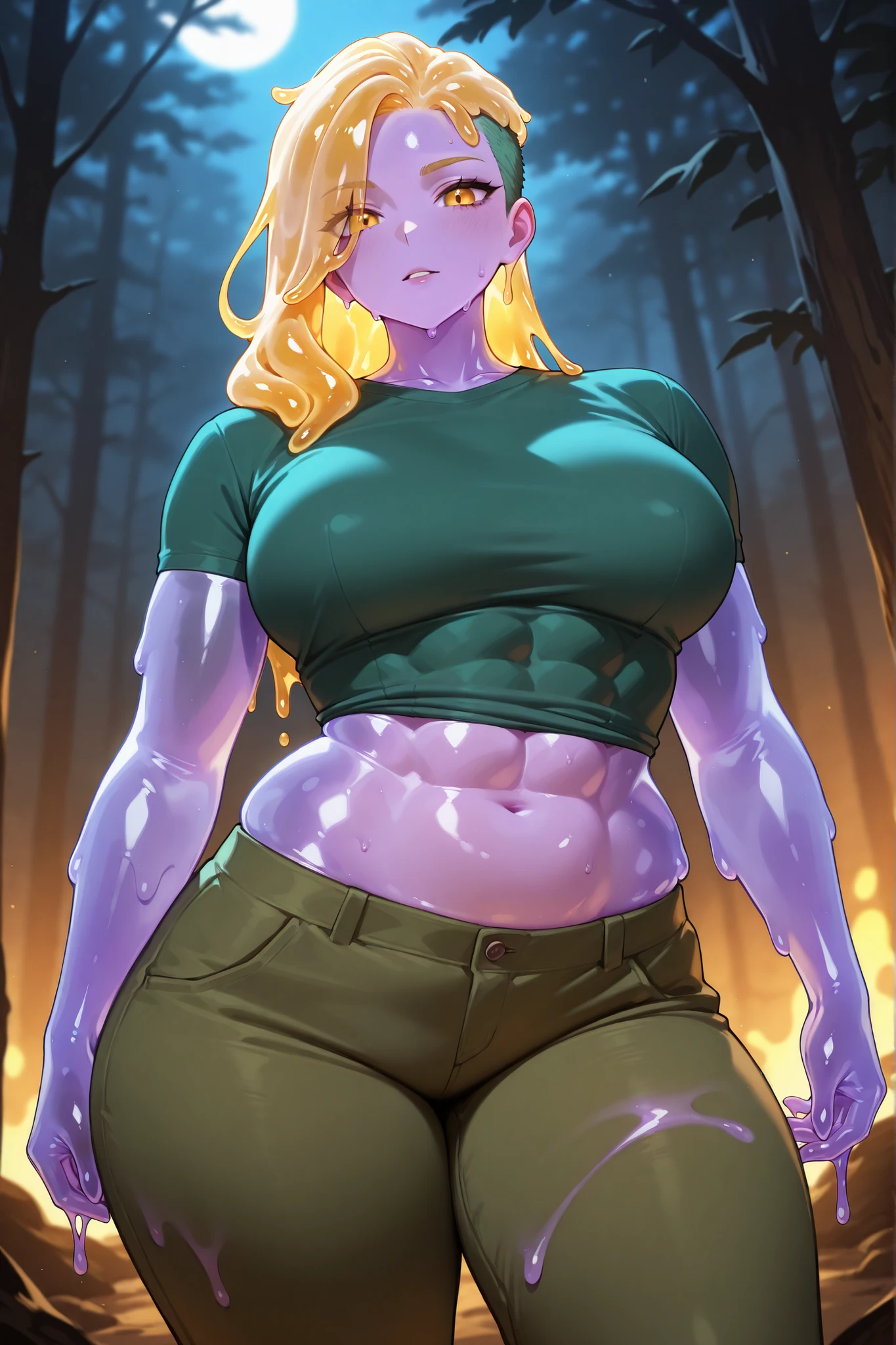 masterpiece,amazing quality,ultra-detailed,very aesthetic,sharp focus,vibrant colors,best lighting,detailed illustration,detailed background,solo_female,slime girl,viscous slime body,light purple slime skin,blonde hair with green undercut,muscled,chubby,green t-shirt,green pants,defined abs,curvy,viking longhouse background,
