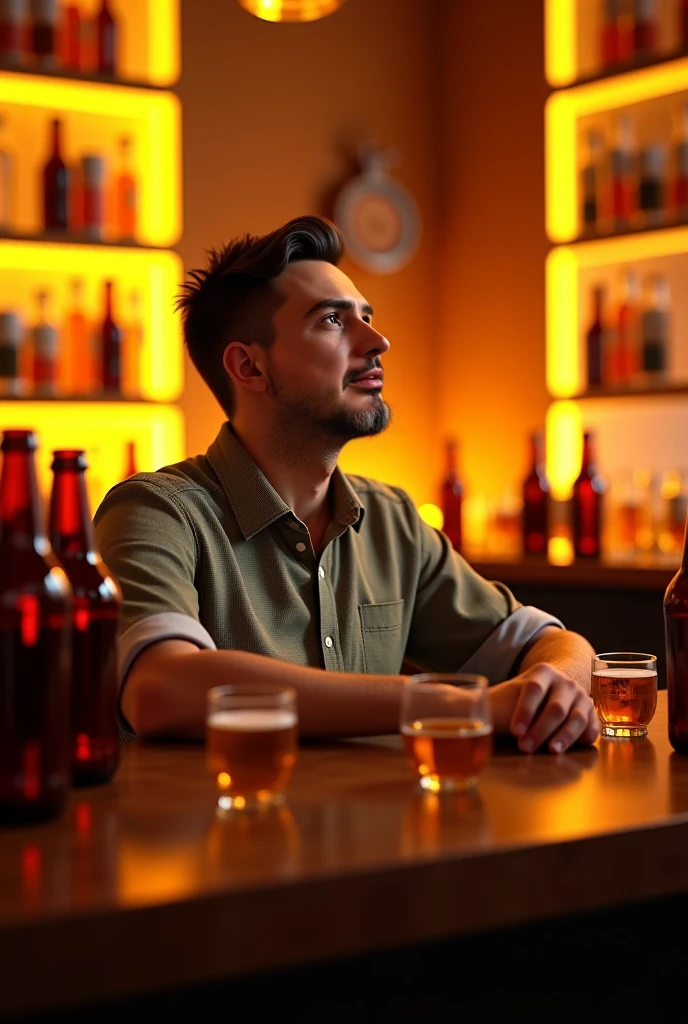 a 48 year old man with torn clothes sitting at a bar table drinking sad suffering from love yellow colored scene
