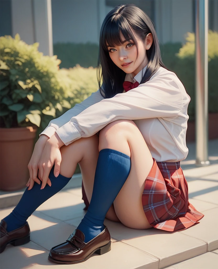 best quality, perfect face, intricate, beautiful scenery, ultra realistic 8k CG,perfect artwork, 1girl, nanami, medium breasts, beautiful skin, beautiful legs, beautiful face, beautiful body, high school uniform, white blouse, outdoor, school garden, depth of field, looking at viewer, <lora:flat:-0.5>, <lora:nanami:0.7>