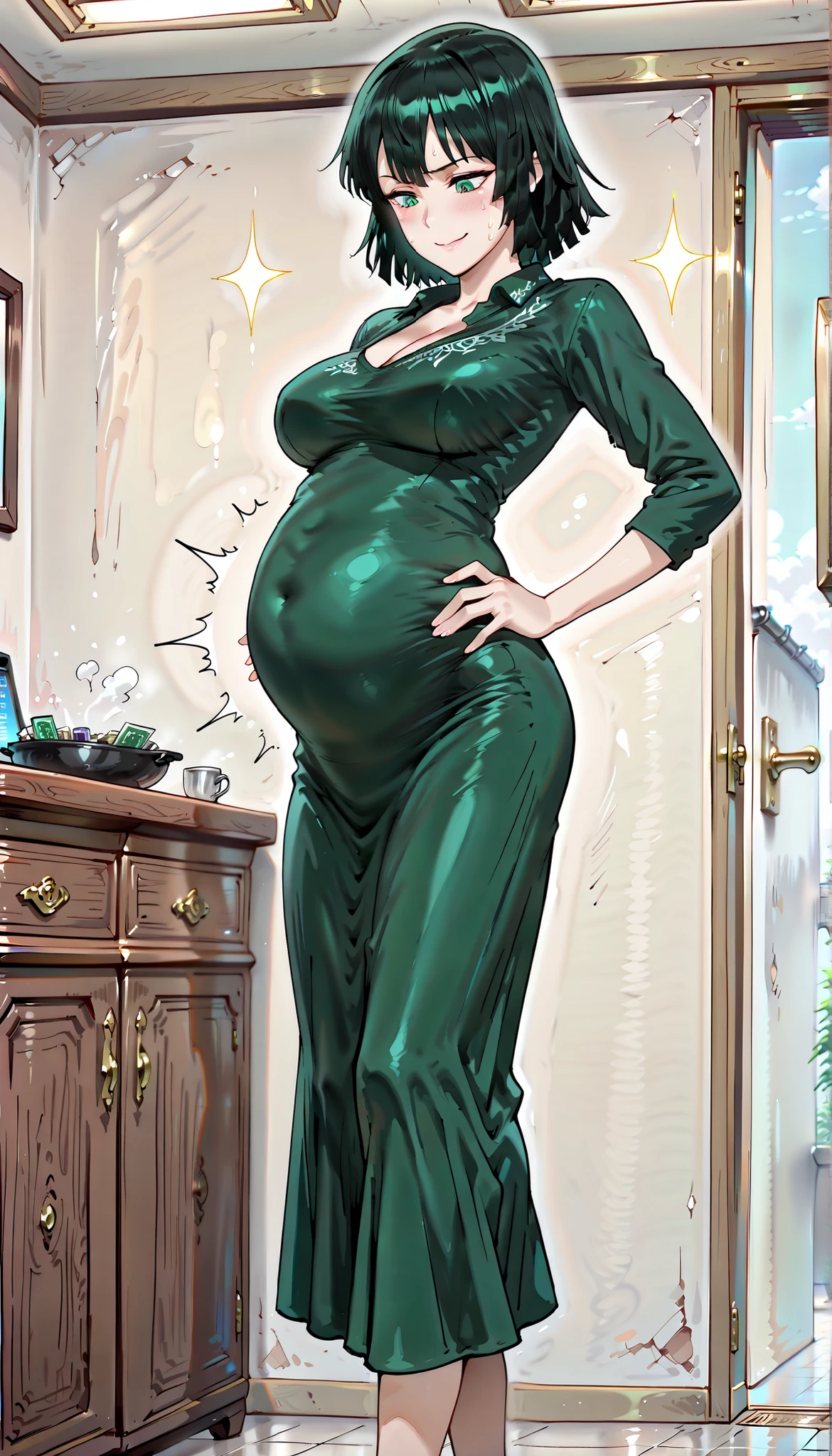 masterpiece, best quality, amazing quality, very aesthetic, high resolution, newest, score_9, score_8_up, score_7_up,source_anime,BREAK, 1girl, fubuki, green eyes, green hair, poker face, blushing, standing, medium hair, green hair, bangs, green dress, long dress, collared dress, cleavage, BREAK, (curvy woman), (athletic legs, curvy legs), (chubby belly, stuffed belly, exposed belly), BREAK, ((standing, arched back, hands on hip, angled hip, looking down, blushing, nervous smile))