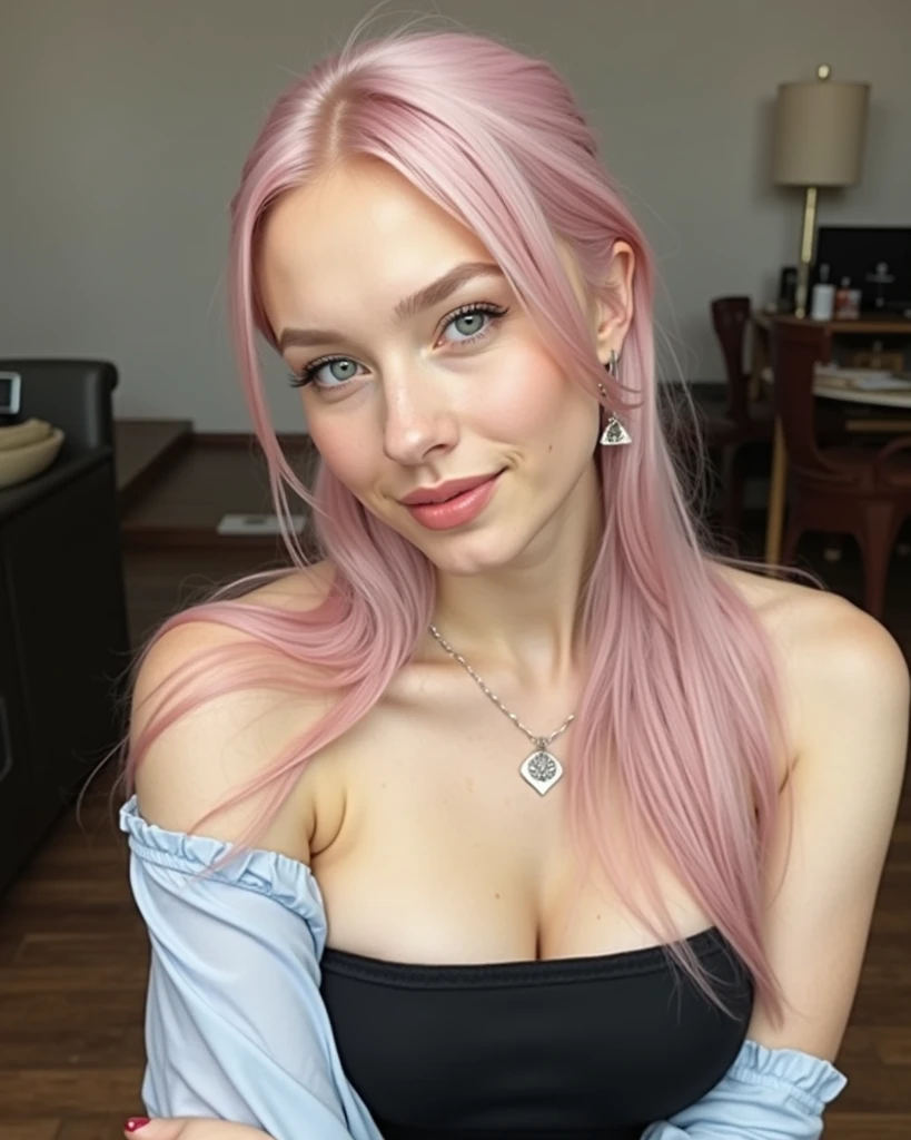 Foto hiperrealista y detallada de cuerpo entero de una Bella Thorne, longer pink hair, mujeres hermosas sonrientes, Topless, chain link lingerie. Topless, Inclinarse sobre una silla. Ojos perfectos, (Augen-Maquillaje:1.1), (Hochdetaillierter Piel:1.1), ...........RAW, analogue style, foco nítido, 8k UHD, DSLR, alta calidad, Fujifilm XT3, Grano, Premios ganadores, Obra maestra. sonriendo con gafas de pasta