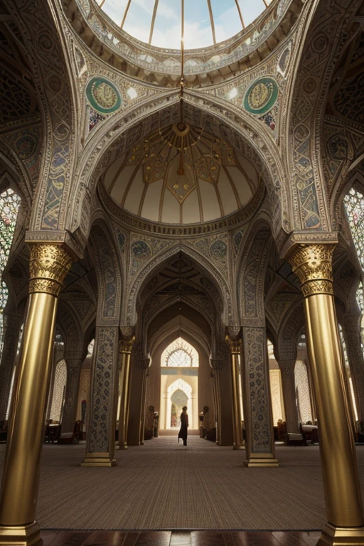 A photography of beautiful mosque made from glass, decorate in islamic style, the background is two kittens holding Palestine flag and Malaysia flag