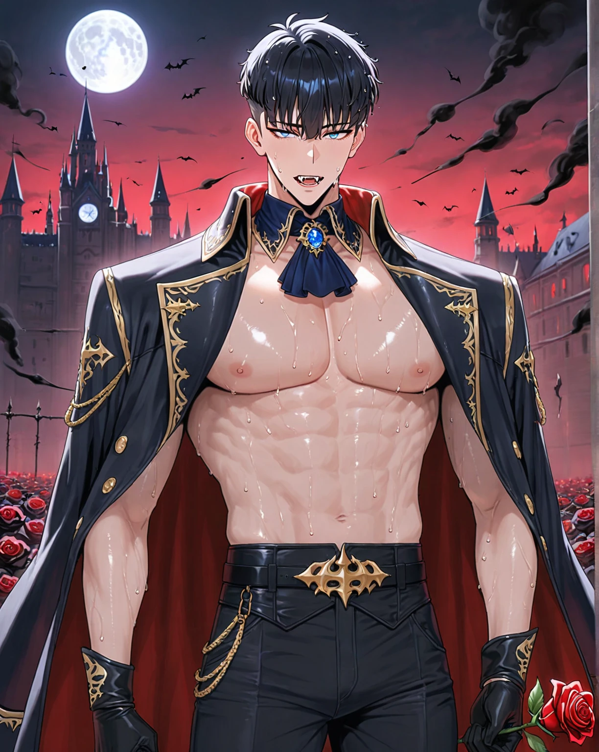 She is wearing a sexy, voluminous black and red cape on her naked body.、Beautiful gay man、Drowning in pleasure、Messy black hair、Disarrayed Cloak、A look of disarrayed pleasure