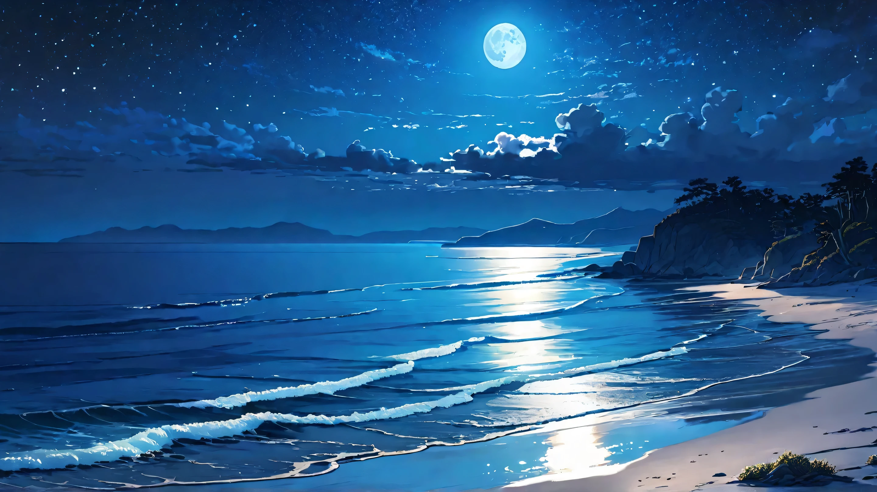 (best quality,8k,highres, masterpiece:1.2), ultra-detailed, HDR, UHD, studio lighting, ultra-fine painting, sharp focus, physically-based rendering, extreme detail description, professional, vivid colors, portraits, concept artists, warm color palette, dramatic lighting,Beautiful coast, midnight,blue moon on the horizon, on the shore, beautiful ripples of waves, distant view, stars visible, overall blue landscape, blue coast, no people, some islands in the distance,Beautiful coast, before dawn, full moon on the horizon, on the shore, beautiful ripples of waves, distant view, stars visible, overall blue landscape, blue coast, no people, some islands in the distance,