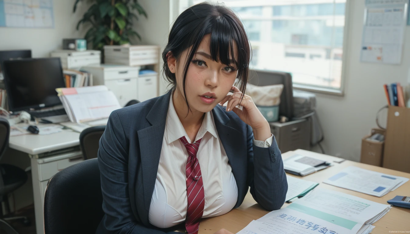   dripping right in front of me、( surprise:0.4)、(fear:0.4)、Company interview、black hair、office、jacket、tie、big breasts、Hirose Suzu、stand in line