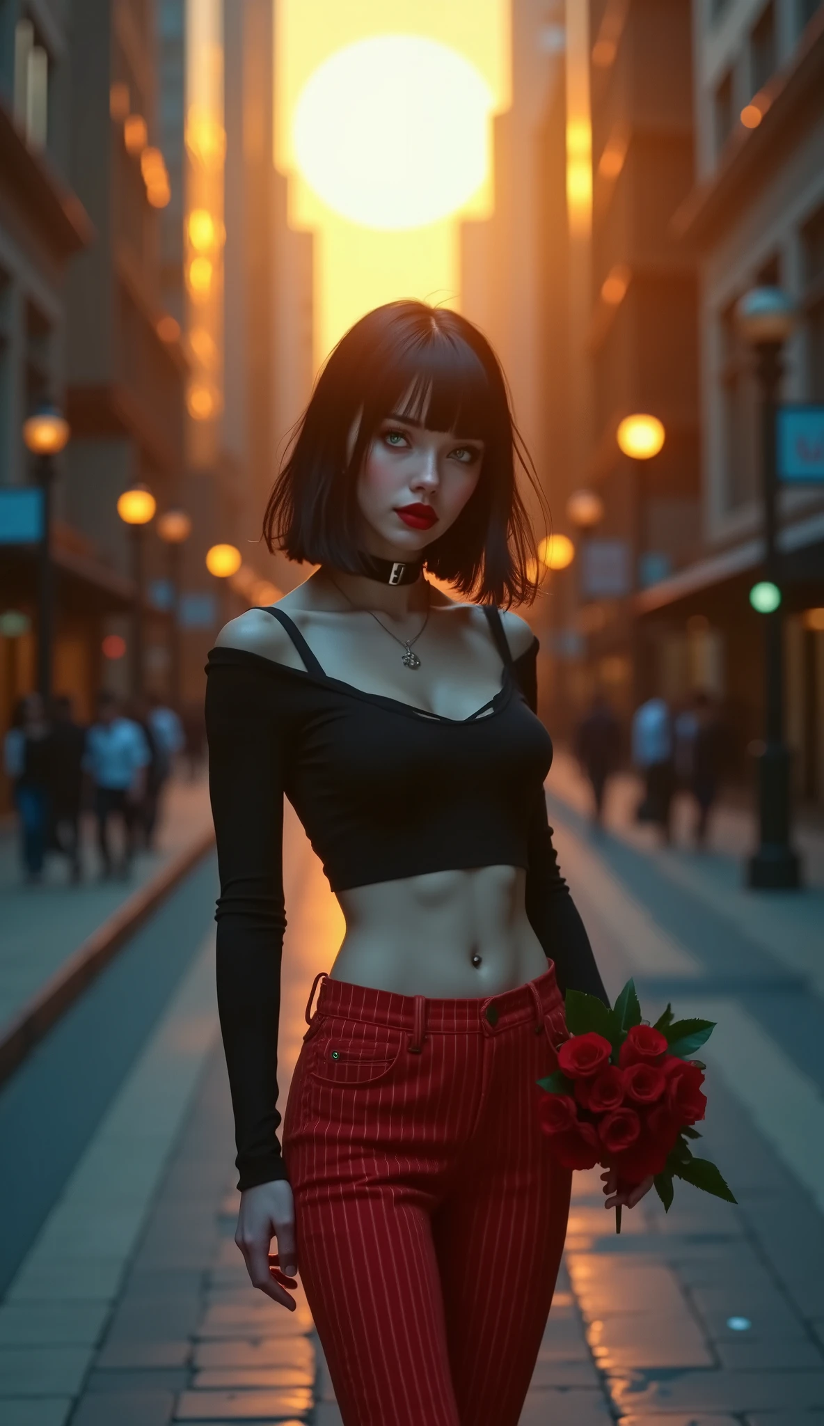 ((RAW Photo), Absurds, (Absurd Resolution)), (Masterpiece, Best Quality), ((Hyperrealism, Photorealistic)), (AI Fantasy), (masterpiece, highest quality, amazing quality), (realistic pupil, blue eyes with luminous green), (beautiful girl, 21 years old, haiz_ai, cknc style, full body), (intense black hair with light streaks, long straight bob cut), makeup, red lips, (slim, tall, shapely), ((her perfect curves are accentuated by wearing red striped pants, tiny black top with sleeves, marked abdomen)), ((walking down a long street holding a bouquet of red roses, skyscrapers next to the sidewalk)), (background: gigantic SUN), (golden lighting, flashes of light), (Photographic Perspective) «SunPuma S»