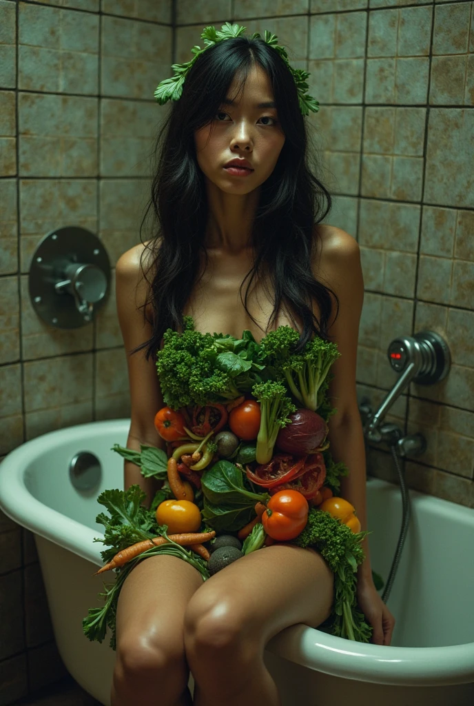 A stunningly gorgeous 19-year-old Asian girl with a flawless, hourglass figure, laying seductively on a long, gleaming baking sheet. Her voluptuous body is completely bound with fine, high-quality kitchen twine, which accentuates her natural curves and succulent flesh, reminiscent of a gourmet suckling pig awaiting its grand reveal. Despite her vulnerable state, her expression is one of erotic anticipation, her eyes sparkling with a mix of arousal and excitement. On her delicate feet are quaint turkey booties, adding a whimsical yet kinky touch to the scene. Her skin glistens with a blend of oil and spices, hinting at the tantalizing flavors that will emerge during the cooking process. The room is dimly lit with a warm, golden hue, setting an ambiance of both seduction and culinary decadence. The smell of herbs and roasting meats fills the air, as she is surrounded by a meticulously arranged assortment of vegetables and fruits, which are destined to accompany her on the journey to become the pièce de résistance of an ultimate feast. Her long, dark hair cascades over the edge of the baking sheet, while her wrists and ankles are tied to the corners, keeping her in a deliciously exposed position. The kitchen in the background is immaculate, with stainless steel appliances and marble countertops, suggesting a master chef's domain. The scene is a curious blend of the erotic and the epicurean, where the line between food and fetish is artfully blurred. Her readiness and the promise of a carnally satisfying meal create an atmosphere of heightened tension, as viewers are invited to imagine the tantalizing sights, sounds, and smells of her impending transformation into a delectable centerpiece for the most discerning of palates.