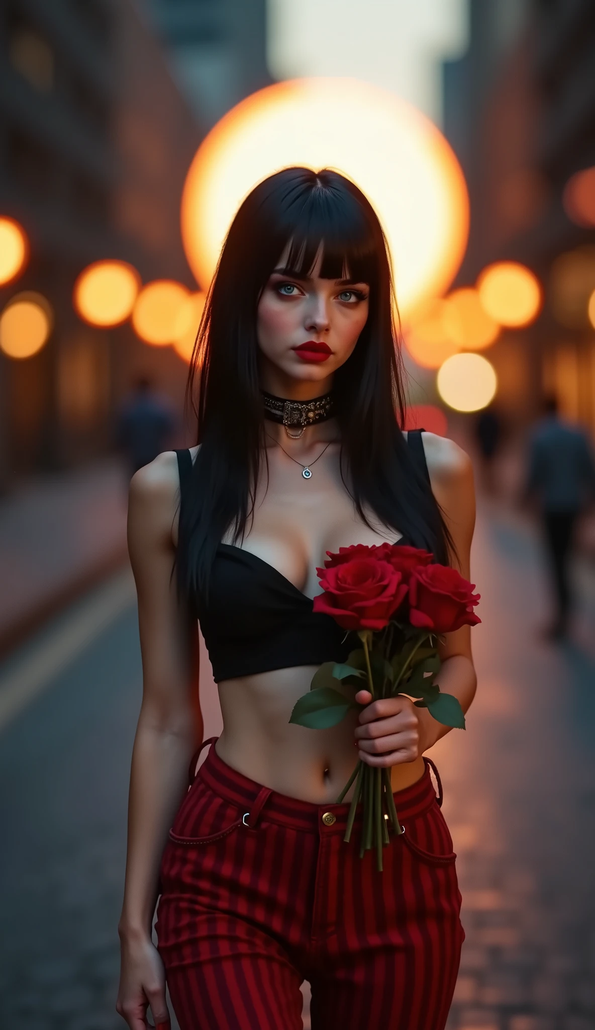 ((RAW Photo), Absurds, (Absurd Resolution)), (Masterpiece, Best Quality), ((Hyperrealism, Photorealistic)), (AI Fantasy), (masterpiece, highest quality, amazing quality), (realistic pupil, blue eyes with luminous green), (beautiful girl, 21 years old, haiz_ai, cknc style, full body), (intense black hair with light streaks, long straight bob cut), makeup, red lips, (slim, tall, shapely), ((her perfect curves are accentuated by wearing red striped pants, tiny black top with sleeves, marked abdomen)), ((walking down a long street holding a bouquet of red roses, skyscrapers next to the sidewalk)), (background: gigantic SUN), (golden lighting, flashes of light), (Photographic Perspective) «SunPuma S»