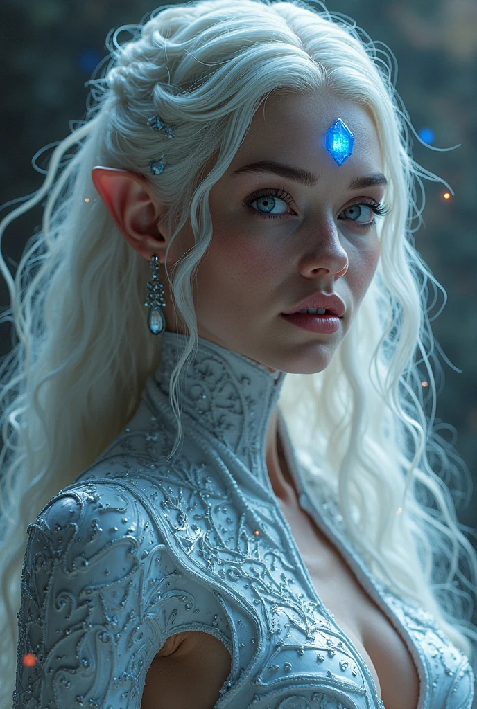 An elven goddess sits on her throne in her harem, her figure slender yet powerful, Her facial features are sharp and elegant, with a strong jawline and high cheekbones. Her piercing deep blue eyes are intense and almost hypnotic, staring at the viewer. Her long, flowing black hair has an eerie sheen. Her skin is an eerie, pale shade with a cold, bluish undertone, giving her an ethereal, ghostly appearance. She is naked, nude, except for her headdress, made from jagged spikes of blue crystal. The atmosphere is one of eerie calmness and subtle sensuality, cinematic lighting, explicit, detailed, ultra detailed, 4k, made in unreal engine