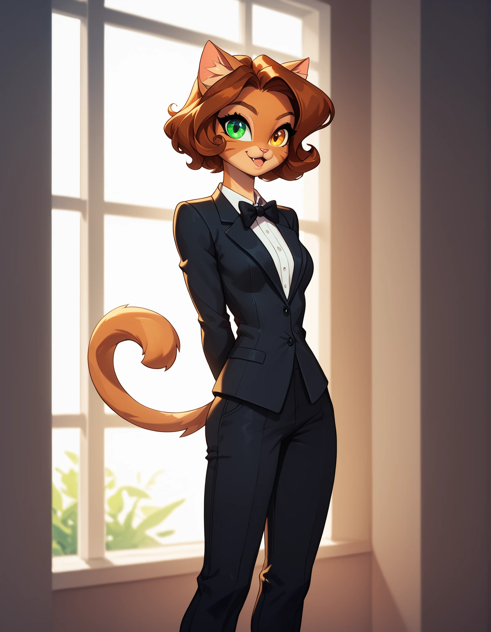1girl, cute female anthro cat girl, skinny, short brown hair, heterochromia (copper left eye, green right eye), very distinguished, wearing a black butler uniform, black pants, bowtie, hands behind back, legs together, chin up, polished black shoes, very detail, confident, standing at attention, she has an air of superiority