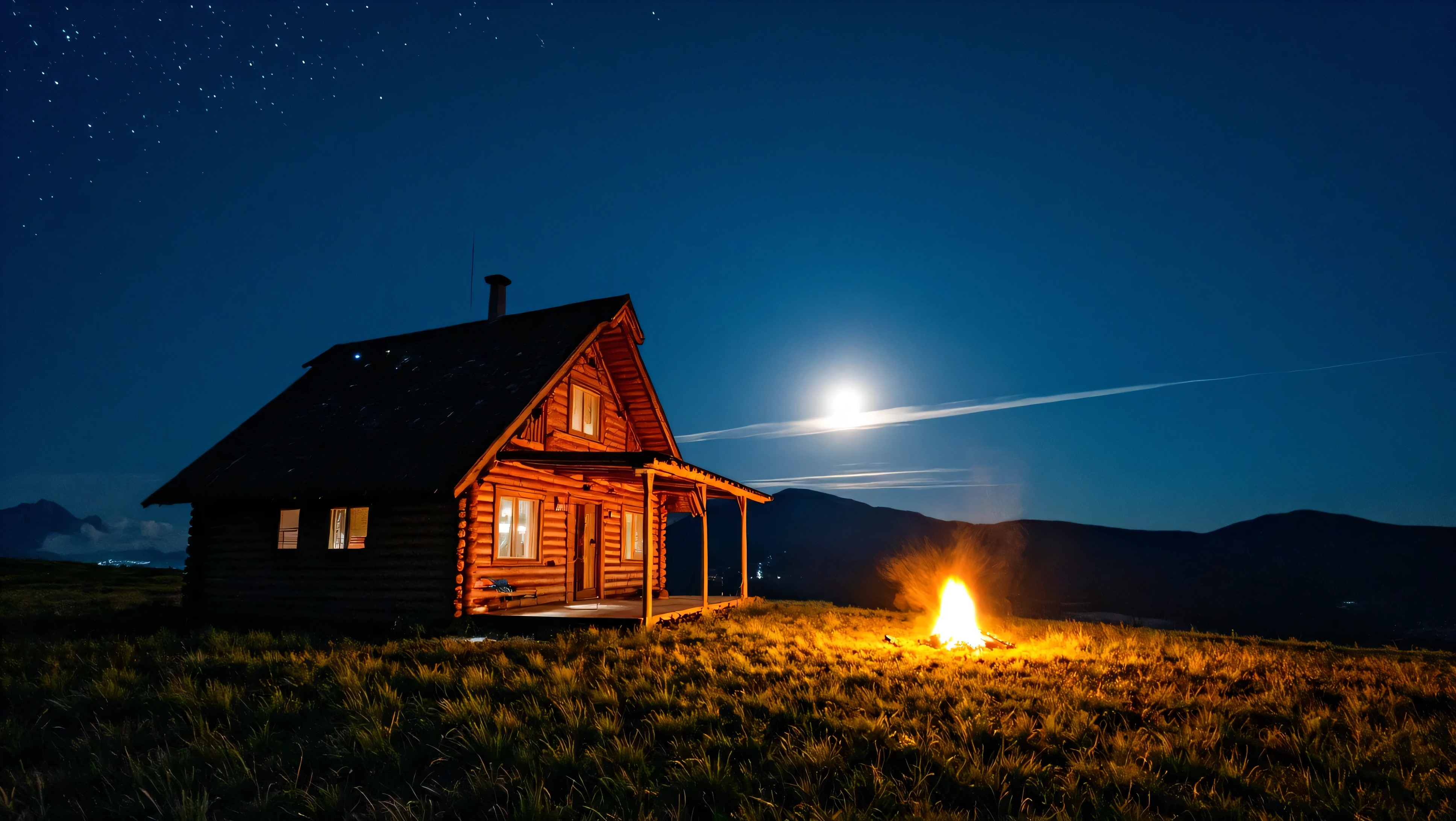 A cozy countryside cabin at night, warmly lit from the inside, sitting on a gentle grassy hill. In the background, a large full moon hovers low on the horizon, illuminating the clear night sky filled with stars. A bright campfire burns near the cabin, casting a soft glow on the surrounding area. The atmosphere is peaceful, serene, and slightly magical, perfect for stargazing or storytelling.