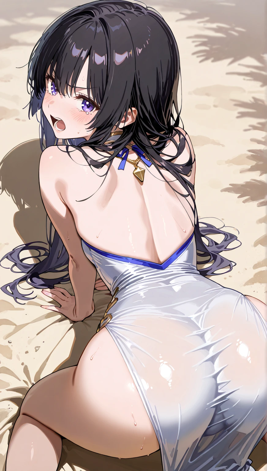 A girl with purple hair, in a swimsuit, lying on the beach, showing the butt