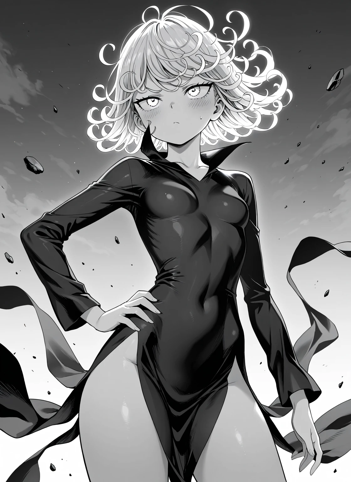 High resolution, Super detailed, Tatsumaki Tornado, Short green hair, Curly Hair, Black Dress, Long sleeve, Outdoor,moonlight, night、From below、Sticking out your butt、Look back sideways、
