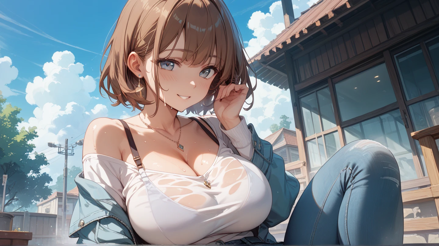 (Highest quality, High resolution, Masterpiece, 4K), (Soft light、Luster of hair、Beautiful eyes)、young woman、The whole body is visible、A begging smile ((Wavy medium short hair, bangs, Chestnut Hair)), ((Wistful eyes、Gray Eyes, Perfect Eyes)), ((Detailed face, blush:1.1)), ((Smooth texture:0.75, Realistic texture:0.65, Realistic:1.1, Anime CG Style)),Medium chest、A body with just the right amount of flesh、(Sexy thighs、I see beautiful legs)、Large chest tops、tight skirt with a slit、Keep your chest and legs close together、Cute Necklace、Earrings、Angle from the front、Peeking into this、Leaning forward、Sitting on a balcony bench、Pants in skirt visible、Angle from below