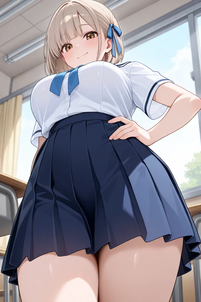 1 girl , brown color hair、Purplish black eyes that dreamers desire, (Blonde hair) , small stature, Colossal tits, Lori, (masutepiece:1.2, Best Quality), (finely detailed beautiful eye: 1.2), (beautifull detailed face), (Best Illumination, extremely delicate and beautiful), ((Cinematic Light)), Dramatic light, (Pale white background:1.5), Short bob hair（1:3）、Ultra Contrast、Braid a little around the ears, White long dress、only has 5 fingers、Her pussy is visible through the white thong、Wet pants、You can see inside your underwear、full of sweat、mocking look、diaper、nffsw,Arms crossed、grab the arm、Shoot from below,Best Quality、Large breastuscular pussy、Pubic hair,high-level image quality、hightquality、8K,perfect hand、5 fingers、finger pin、Perfect Finger、T back、Naked、noise cut、bullet hand、Her hair color should have been a brighter purple.The skirt part is also carefully expressed..、Purple skirt、the skirt is floating in the wind、Dark purple panties、Pubic hair majority,(with sparkling eyes and a contagious smile),open mouth,from below:1.2, highest quality, high resolution,Real World, Natural light,perfect Natural light, Looking at Viewer, 