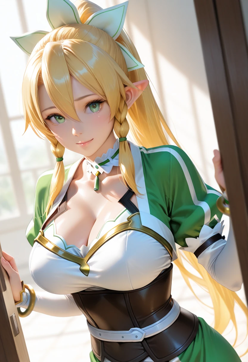 masterpiece, best quality, (realistic,photo-realistic:1.4), (RAW photo:1.2), extremely detailed CG unity 8k wallpaper, delicate and beautiful, amazing,finely detail, official art, absurdres, incredibly absurdres, huge filesize, ultra-detailed,extremely detailed eyes and face,light on face,alice zuberg,(little smile),(blonde hair:1.4),(long hair:1.4),(ponytail:1.4),(wearing green dress:1.5),(nature background:1.4),night,(armor:1.5),panties,shoes