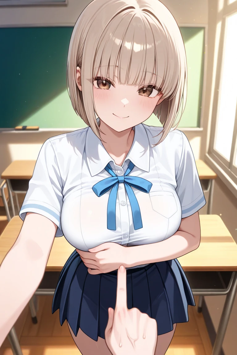 1 girl, solo, tall girl, beige hair,short beige hair, straight short hair, golr eyes, (high school uniform:1.2), (Full Breasts), glamorous, High Height, masterpiece, from front, upper body, high resolution, shiny, full body, beautiful, A cute smile that makes the viewer happy, highly detailed beautiful face and eyes, looking at viewer, in the school classroom,