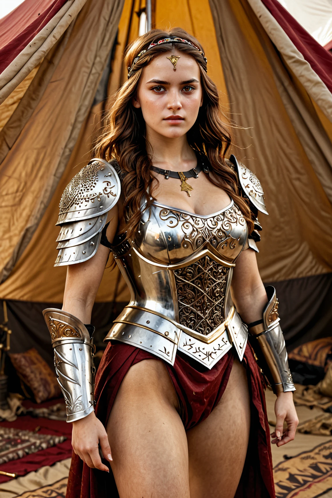 top-quality、Beautiful Italian woman、full body Esbian、Female knight、bikini-armor、Fantasia、holds a sword、Magnificent view、Medium Hair、