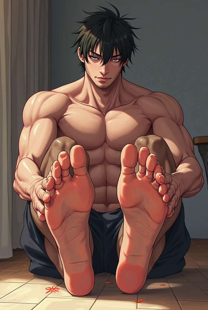 Muscular anime man sitting on the floor with his legs streched out infront of him. Camera facing infront of him as he shows of his bare feet