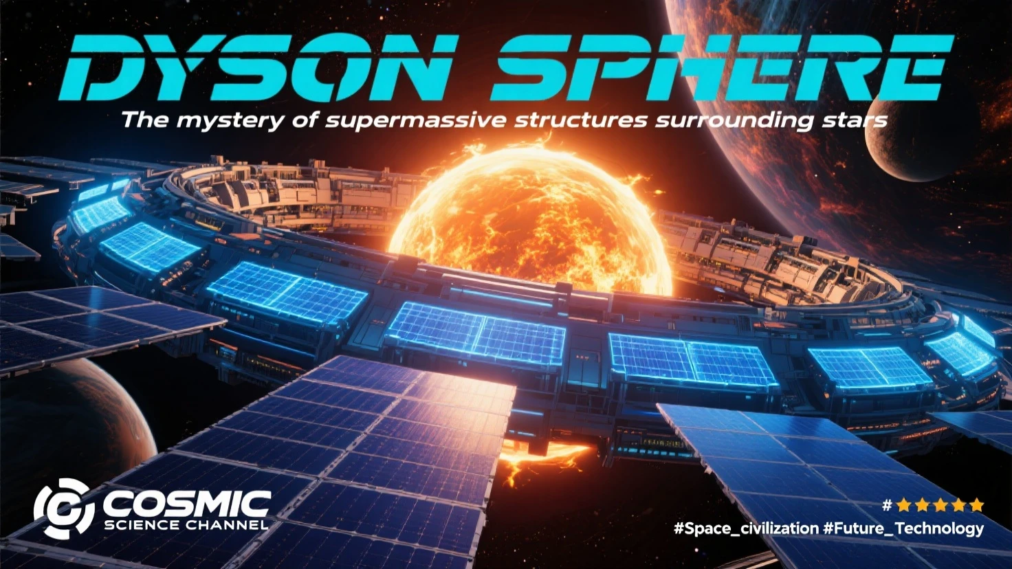 Blade Runner font main title on top, "DYSON SPHERE",
Eurostile tagline below, "The mystery of supermassive structures surrounding stars",
futuristic logo bottom left, "COSMIC SCIENCE CHANNEL",
small tech-style rating bottom right, "#Space_civilization #Future_Technology",
Massive Dyson sphere partially enclosing a bright sun, detailed solar panels with blue energy circuits, ring-shaped megastructure with visible habitat sections, planets visible in background for scale, deep space with stars and nebula, photorealistic rendering, dramatic lighting from the sun's core, high-contrast blue and orange color scheme, 8K ultra-detailed, cinematic composition, futuristic engineering marvel, energy collection panels in foreground