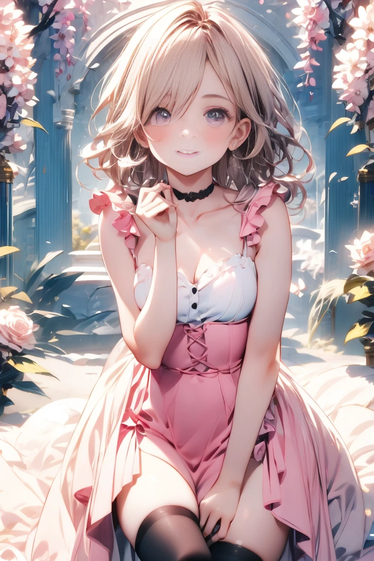 A beautiful ta girl sitting on the bed with her legs open, anime girl, in the room, home interior, pastel pink loliress, short sleeves, a pair of short socks, choker with a bow, short white gloves, lolita s fashion, pink panties, dark brown hair, long wavy hair, two pigtails, swept bangs, hair ribbon, aqua eyes, bright eyes and pupils, pink lips, glossy lips, blush, earrings, big round breasts, thin waist, perfect arms, defined thighs, thin legs, raised knees, legs open, looking at the viewer, flirty smile, shows her panties, I can see your panties, upskirt, masterpiece, high definition, natural light, high detail, anime, dithering, image fill, perspective, Wide-Angle, f/1.8, 85mm, Sony FE GM, 8k, 8k wallpaper, super detail, highly detailed CG, UHD, retina, masterpiece, accurate, anatomically correct, textured skin, highres, best quality:1.3, 16k