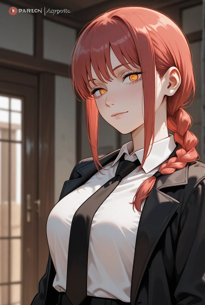 makima \(chainsaw man\), best quality, ultra detailed, 1girl, solo, standing, red hair, long braided hair, golden eyes, bangs, medium breasts, white shirt, necktie, stare , sharp eyebrows , thick eyelashes , angry , (evil:1.2), looking at viewer, (interview:1.3), (chains:1.3) , shallow depth of field , best shot ever , gorgeous details , high quality , realism, from below , cinematic lighting, holding chains <lora:makimaChainsawMan_offset:0.45>,