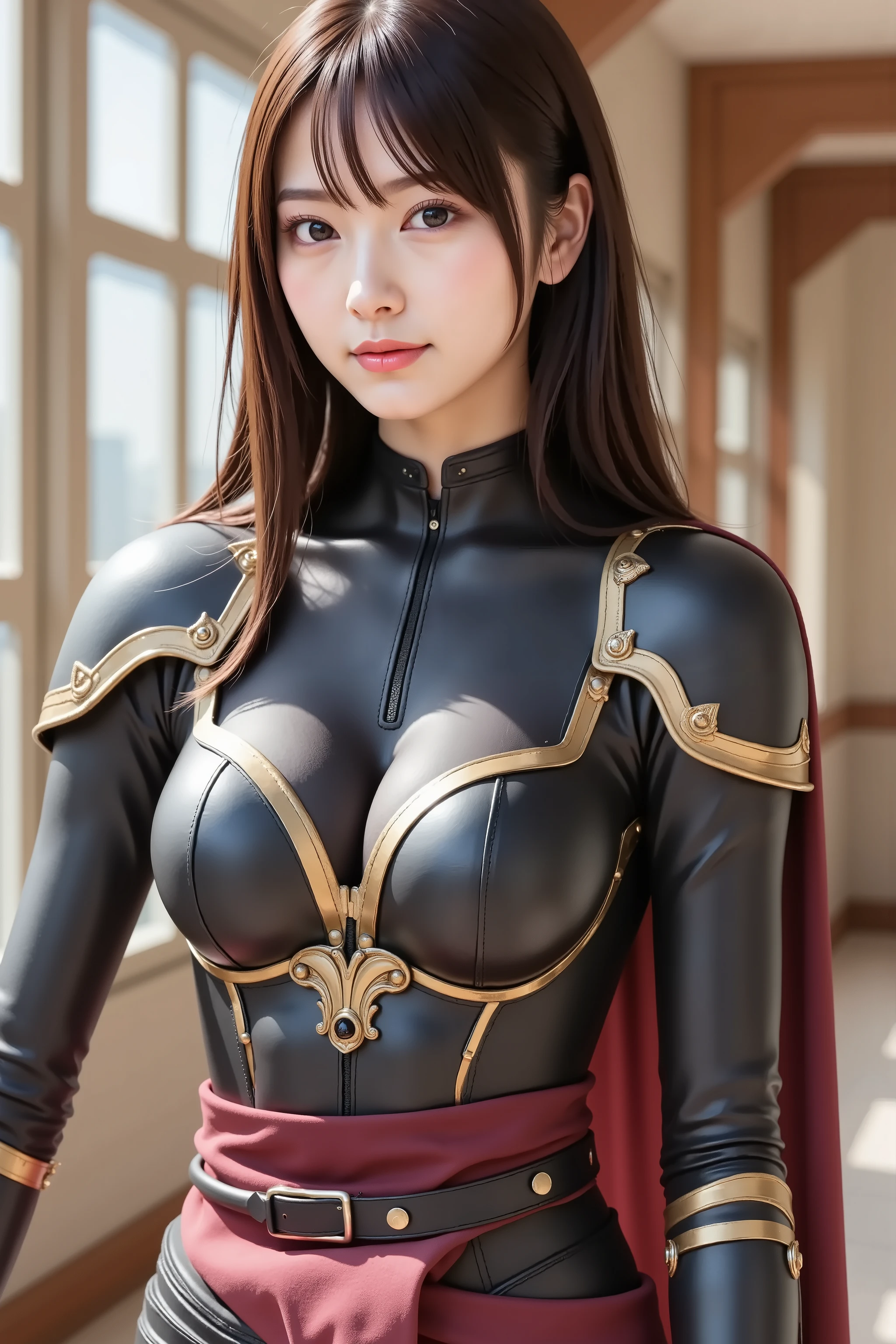 firm breast, cleavage, by adjusting the framing so the subject's full head is visible within the composition, a highly detailed and realistic digital illustration of a female character in a stylized military-inspired fantasy outfit, realistic high-resolution photograph of a woman in a sleek fantasy armor suit, captured just below the shoulders, positioned entirely within frame to avoid head cropping. she is wearing a form-fitting black bodysuit with polished golden accents that contour her torso and arms, resembling a tactical yet ornate combat design. the bodice features a structured breastplate integrated into the suit, reinforced with metallic trim and golden edging along the neckline, shoulders, and forearms. each armor segment reflects light subtly, showcasing the material's density and polished surface. a deep red fabric sash wraps the waist and flows from her hips, adding a regal flair to the otherwise utilitarian design. her gloves and gauntlets match the bodysuit and continue the gold-lined aesthetic. on her shoulders, stylized pauldrons curve outward and are fixed with decorative pins and symbols. the belt features gold armor plating with engraved emblems and a gem-like centerpiece, resting above her waist and shaped to enhance the armor’s fitted appearance. the background is a modern interior with large sunlit windows and wooden wall panels. daylight streams in from the side, creating soft highlights across the shiny armor and subtle shadows in the creases. details such as stitching on the bodysuit, reflections on the gold trim, and layered depth of the sash are rendered with clarity. the composition emphasizes symmetry and upright posture, while all upper body armor details remain in sharp focus. the gold decorations on the belt and chest must appear slightly embossed, catching the light with realistic reflections. ensure her full head is visible within the frame and the background elements such as structural beams, sunlit areas, and interior textures