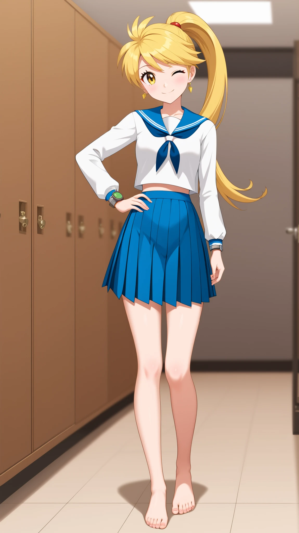 ((best quality)), ((masterpiece)), ((details)), 1girl, two legs, two arms, golden hair color, ponytail, long hair, yellow eyes, tall, anime coloring book, 1 female, 8, small , pose where you put your hands on your hips, high school girl, uniform, white long sleeve sailor suit, blue pleated mini skirt, beautiful feet, thighs, Beautiful legs, bare feet, yellow earrings, sexy smile, with a seductive smile, Watch Viewers, wink, close one eye, standing, full body, slim figure, girls changing room, (\Pokemon\), score_9, score_8_excellent, score_7_excellent, score_6_excellent, source_anime, cel shading , flat color, vector,