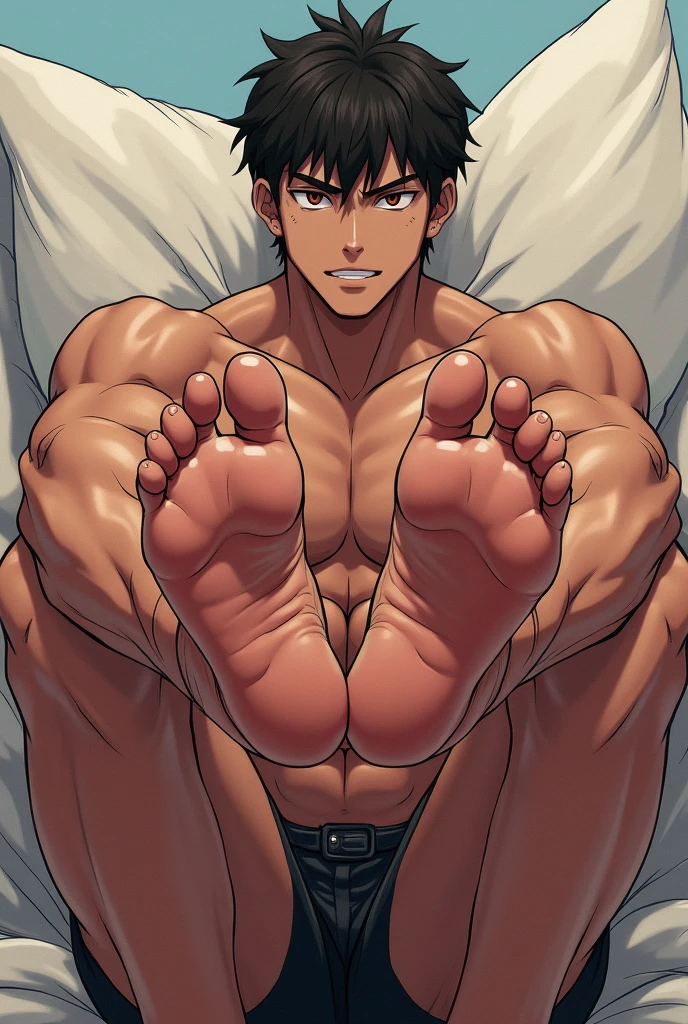 Man comes home from work tired and sweaty, He takes off his shirt and sits on the couch panting while putting his stinky, sweaty feet on the table without a belt, revealing hair sticking out of him while his hands are behind his head, exposing her sweaty and stinky armpits. hairy sweaty black hair robust muscular a little tanned black pants shirtless hair on his chest protruding from his member also long hair on his legs veins on his hands and feet hair on his armpits stinky and sweaty face of relaxation and excitement short black hair macho man alpha