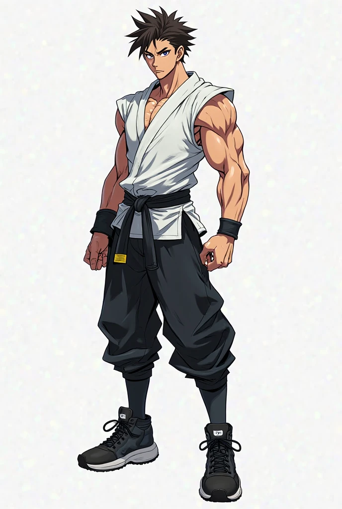 short dreads, monkey tail, shirtless, open jacket, white and red colored jacket, young male, black eyes, morning, black hair color, street level background, caramel skin tone, white sandals, dark skin tone, grey sweat pants, standing still, arms in pockets, muscular, looking at camera