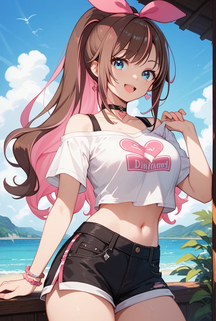 (sketch drawing), (close up), (adult body), ((mouth, smiling, lips)), (chest a little big), (thick legs), (large thighs), (pink cheeks), ( white t-shirt), (showing belly), (perfect belly), (gym shorts), (brown cat ears), (Beautiful cat ears), (brown hair), (brown eyes), (poking one eye), (tongue out), (long straight hair loose), (bangs), (details in the strands), (white background),