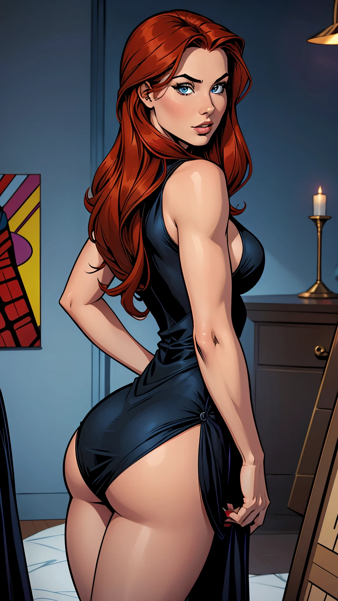 .21 years old woman , long and smooth red tone hair, bright and expressive blue eyes, she opted for a elegant black dress. Booty, busty. Comic style. Marvel comics