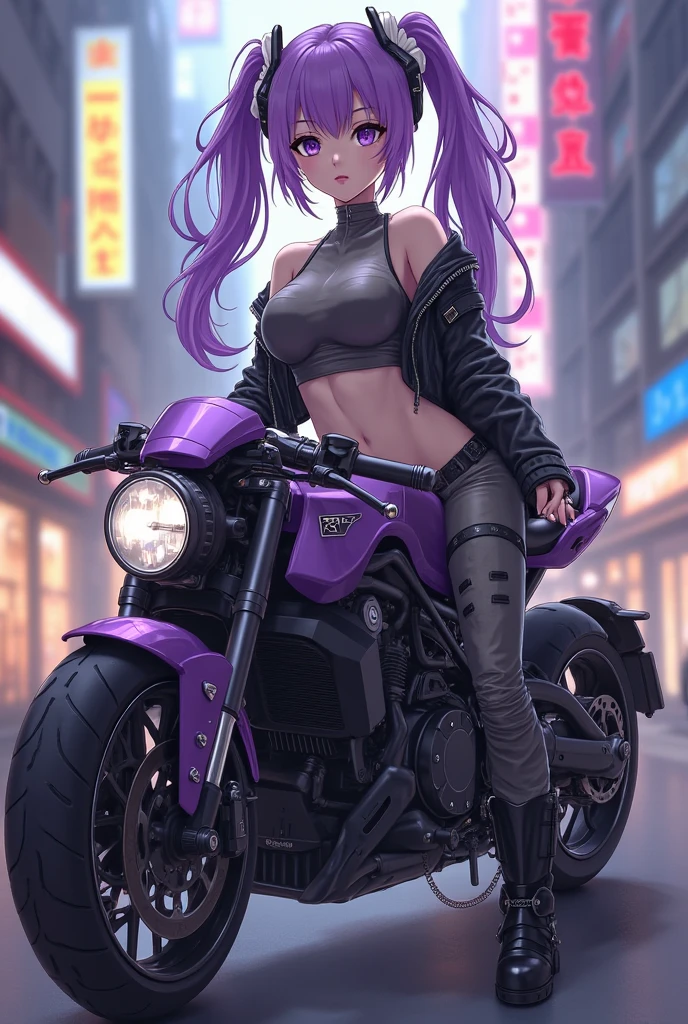 Rarity, Rarity from the cartoon May Little Pony, Rarity in the form of a girl, Long hair, Lush hair, dark purple hair, twisted hair, voluminous breasts, large breasts, lush breasts, bulging breasts, closed breasts, painted lips, earrings with diamonds, women's boots, in the metropolis, cyberpunk, future, on a motorcycle, sports tight white suit --auto --s2