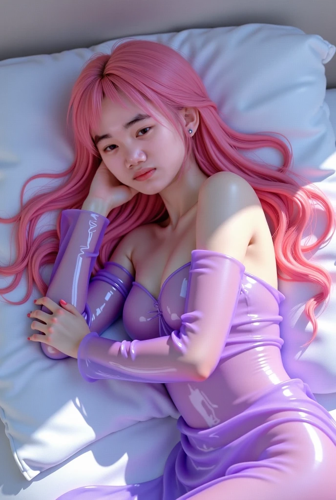 A maiden, maiden with exposed skin, sticky liquid, tentacles licking, lying face up, hands separated by chains, struggle, pain, penetration, pink stockings, pink dress, silver-white hair, using ice magic, magic suit, pink eyes, pink ice wings