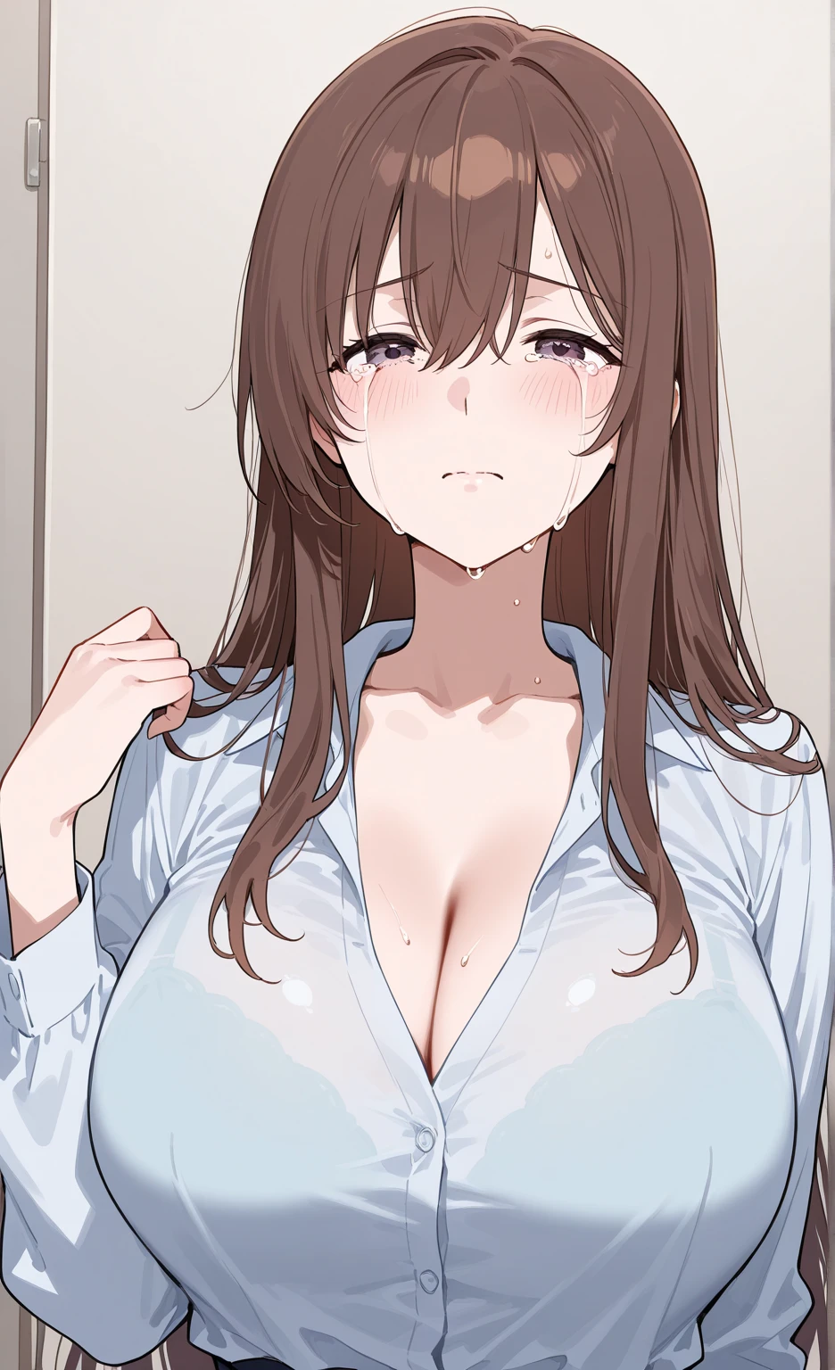 <lora:Mia_SW:0.9> miadef, brown hair, long hair, brown eyes,
solo, large breasts, breasts, tears, open mouth, underwear, bra, crying, blush, cleavage, white bra, crying with eyes open, 1girl
masterpiece, best quality