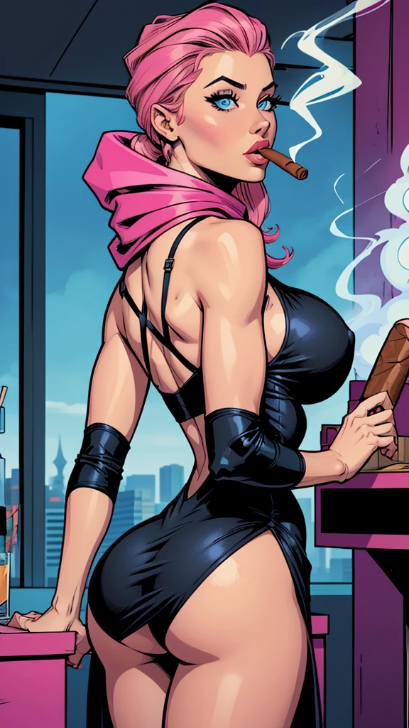 ((Masterpiece, Best)), (1girl), ((Trendy Girl)), Light Pink Hair, Halo, Horn, ((Office Lady)), Bangs, Mid-breasted, (Plump), Slim, Colorful Hair Color, Trendy Clothing, Street Culture