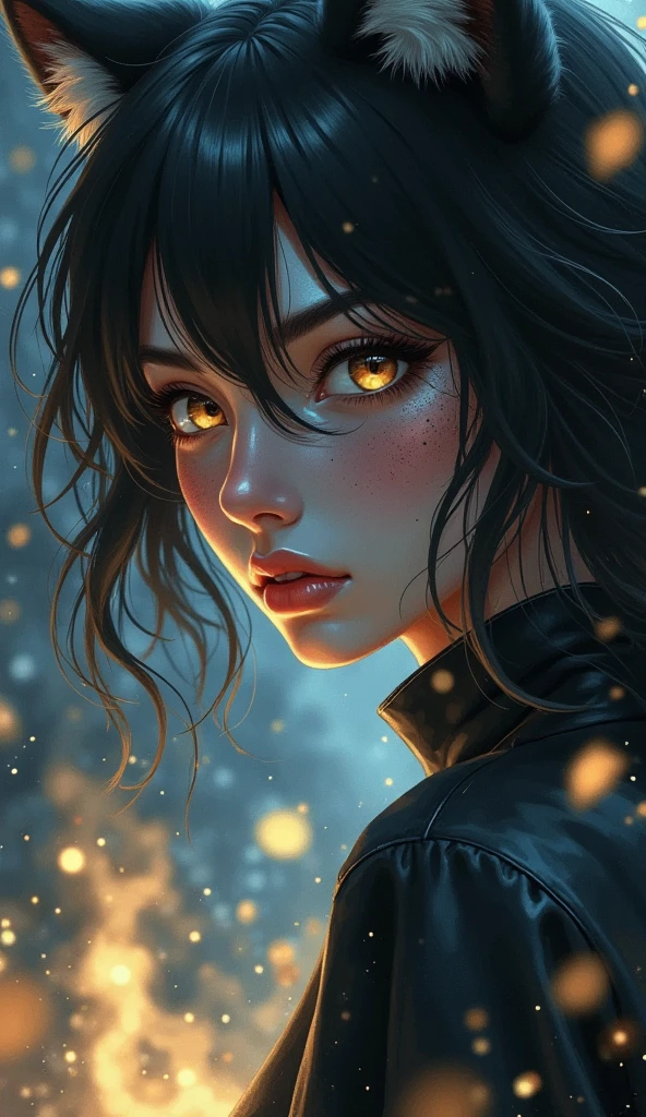 cute girl in black leather jacket, short length, open front, black leather shorts, middle-breast, cleavage, navel, half-open mouth, delicate hair, face, eyes, pupils, thigh, sparkling eyes, Shining lips, shy expression, full-body shot